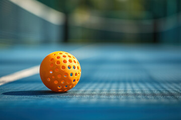Orange pickleball ball close-up on a pickleball court, with space for text