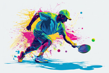 Illustration of a male pickelball player reaching for the ball on a white background - obrazy, fototapety, plakaty