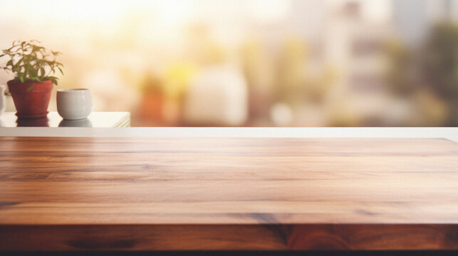Empty wooden table top on blur cafe background with bokeh image. For product display