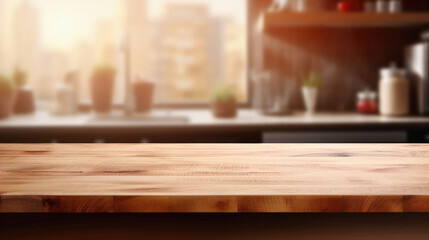 Fototapeta na wymiar Empty wooden table in front of blurred kitchen background, product display montage