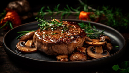 Grilled steak fillet on a rustic wooden plate, cooked to perfection generated by AI