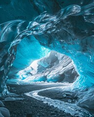Blue crystal ice cave entrance and an underground river beneath the glacier