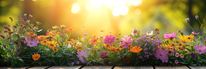 Potted vibrant flowers bask in the golden hour sunlight, ready for garden planting - obrazy, fototapety, plakaty