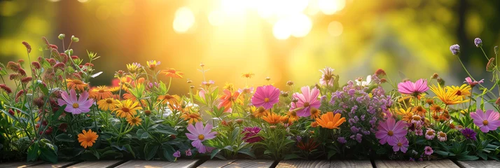 Fotobehang Potted vibrant flowers bask in the golden hour sunlight, ready for garden planting © T-elle