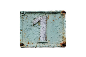 Old retro weathered cast iron plate with number 1 closeup isolated on white background