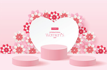 Women's DayPink Pastel Podium with Flowers for a Stylish Product Showcase. 3D Vector Elegance