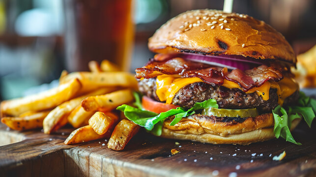 BBQ Beef burger with bacon and French Fries, angle view, ultra realistic food photography