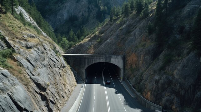 A bird's eye view of a car tunnel in the mountains. Beautiful wallpapers for tourism and advertising. Generative AI