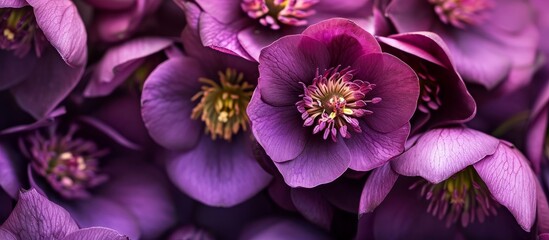 Captivating Outdoors: Vibrant Purple Helleborus Flowers Embrace the Serene Beauty of Nature - obrazy, fototapety, plakaty