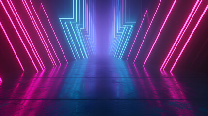 Abstract neon 3D background wallpaper with pink blue glowing vibrant colorful laser lines rays, futuristic cyberpunk atmosphere technology concept
