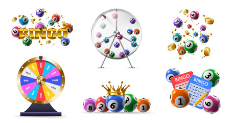 Lotteries game. Fortune wheel, bingo tickets and lottery balls in spinning dispenser. Lucky numbers combination isolated 3D vector illustration set