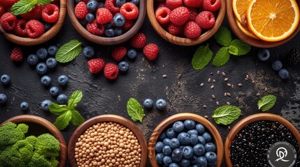 Colorful array of fresh fruits and vegetables viewed from above, showcasing variety and healthful choices.