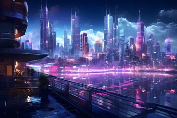Fototapeta na wymiar Metaverse World Neon lit Cyber Cityscape