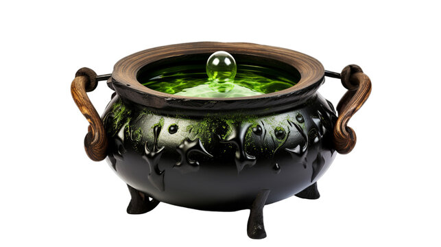 Black witch cauldron, magical bubbling green potion, isolated on transparent, Generative ai