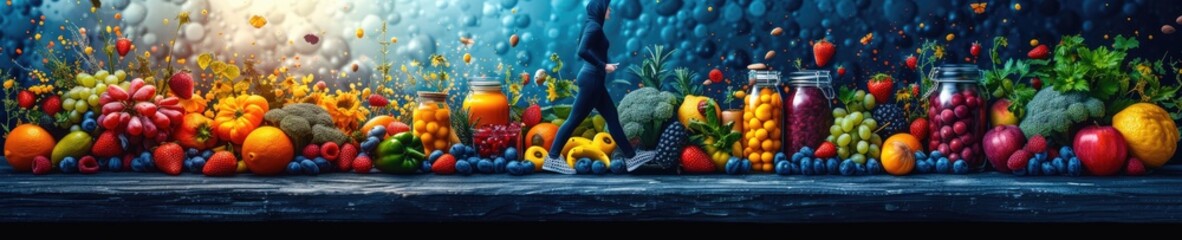 Colorful array of fresh fruits and vegetables viewed from above, showcasing variety and healthful choices. - obrazy, fototapety, plakaty