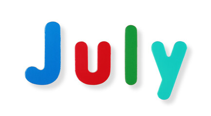 July word in coloured magnetic letters