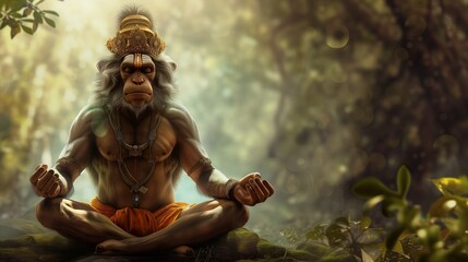 Meditating Hanuman, an ape-like deity, the monkey chief meditates serenely, the son of the wind god.