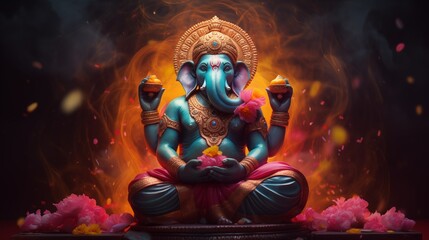 Meditating Ganesha, the god of wisdom and well-being with the head of an elephant. - obrazy, fototapety, plakaty