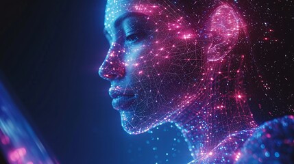 Cyber AI humanoid head communicates with user through digital tablet in a cyberpunk color palette of purple and blue.