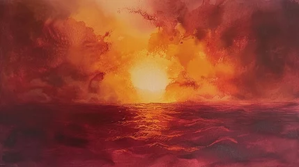 Poster A depiction of a fiery sunset over the ocean, rendered in watercolor with a dramatic blend of burgundy and gold hues © Naseem