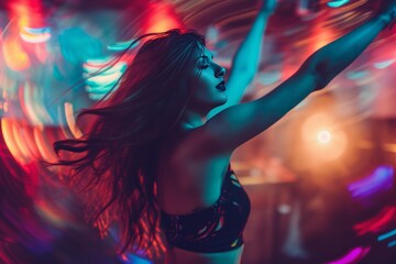 Fototapeta na wymiar Beautiful young women dancing in night club Portrait ,Short Light effect 
