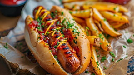 Hot Dog with French Fries close-up, angle view, ultra realistic food photography