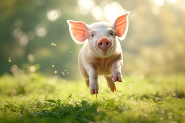  a cute piglet joyfully jumps on a sunlit meadow. Generative ai