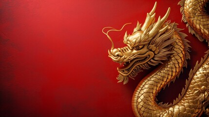 Obraz premium Majestic Golden Dragon on Vibrant Red Background. Generative ai