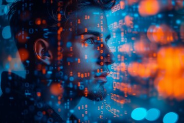 a young man deeply engrossed in the world of technology, surrounded by a futuristic technological background adorned with lines of intricate code. Generative ai