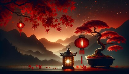 Autumn Twilight with Traditional Lanterns and Falling Maple Leaves