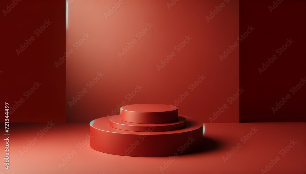 Aufkleber Monochromatic Red Abstract Podium with Circular Structure and Reflections
