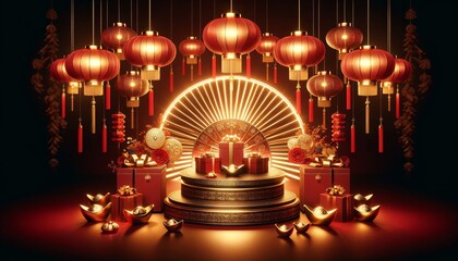 Festive Chinese New Year Celebration Display with Traditional Lanterns and Gifts