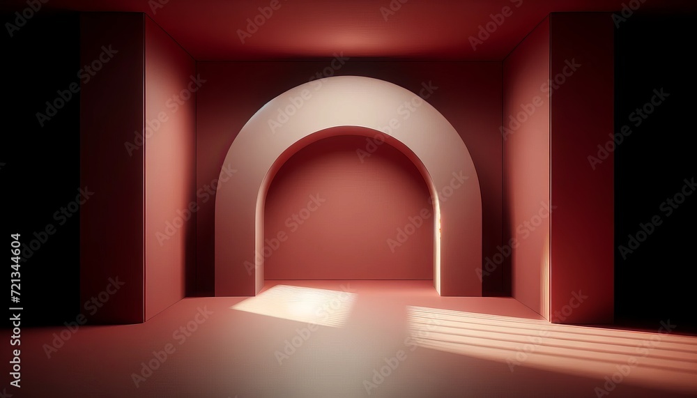 Aufkleber Monochromatic Red Abstract Podium with Circular Structure and Reflections