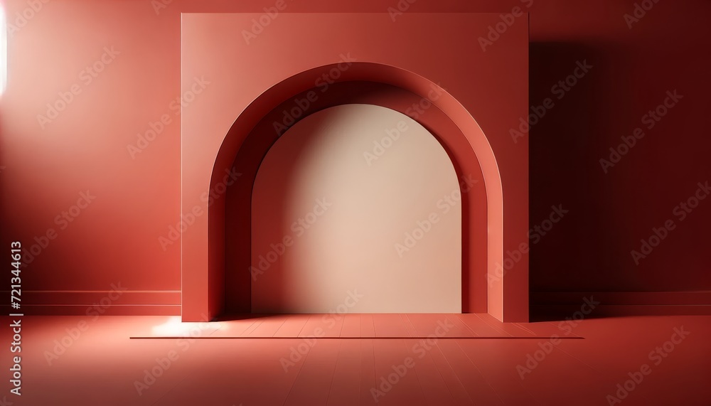 Leinwandbilder monochromatic red abstract podium with circular structure and reflections