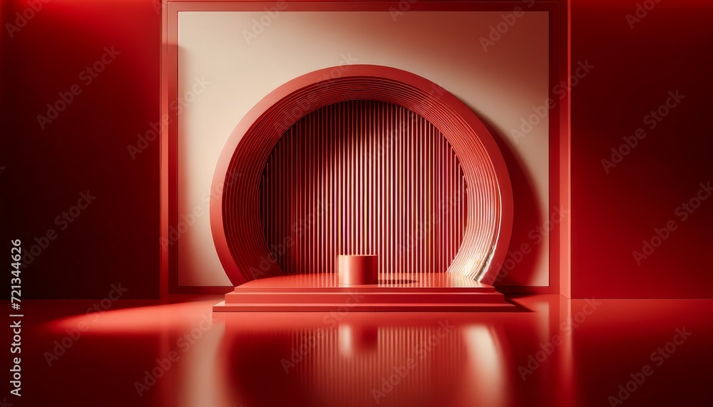 Aufkleber monochromatic red abstract podium with circular structure and reflections