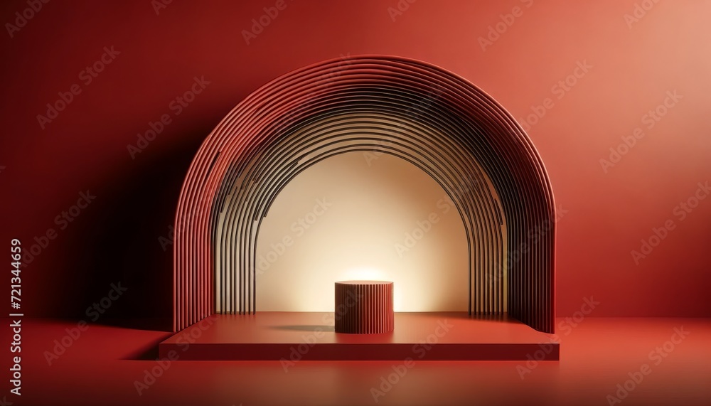 Aufkleber Monochromatic Red Abstract Podium with Circular Structure and Reflections