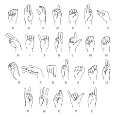 Deaf-mute language alphabet. Learning sign language hand gestures continuous one line educational vector illustration set © WinWin