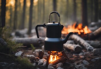 Coffee pot on campfire Small kettle is heated on a bonfire Hiking travel in the mountains Outdoor re