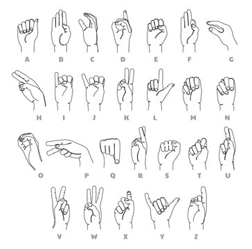 Deaf-mute language alphabet. Learning sign language hand gestures continuous one line educational vector illustration set