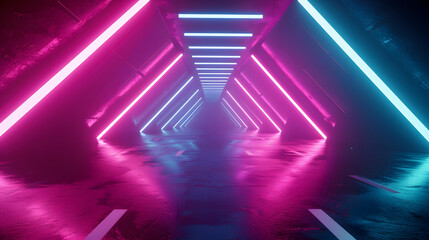 Abstract neon 3D background wallpaper with pink blue glowing vibrant colorful laser lines rays, futuristic cyberpunk atmosphere technology concept