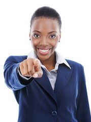 Happy, black woman and portrait with pointing at you for recruitment in business on white...