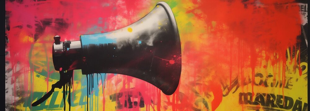 Graffiti art of a bold megaphone stencil set against a red, orange, and yellow spray-painted backdrop, embodying the dynamic energy and raw urgency of urban street communication.