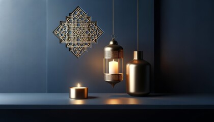 Elegant Geometric Shadows. Modern Interior with Decorative Lantern and Candle