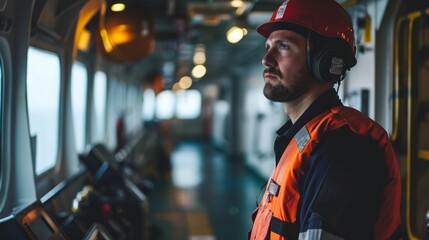 Safety Officer Monitoring Ship’s Interior, Wearing Red Helmet and Orange Safety Vest