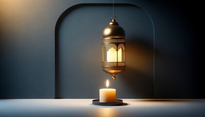 Elegant Geometric Shadows. Modern Interior with Decorative Lantern and Candle