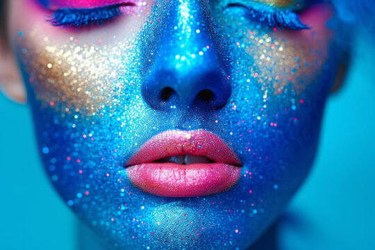 Fashion model girl portrait with colorful powder make up. Beauty woman with bright blue makeup and white skin. Abstract fantasy make-up, art design