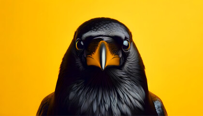 A close-up frontal view of a crow on a yellow background