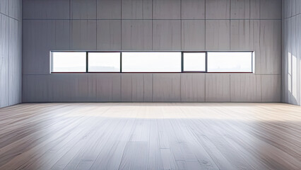 Brightly lit empty gray room with reflections on concrete walls and wooden floor. Product presentation.