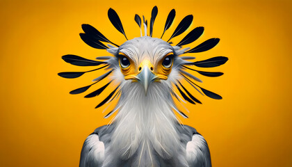 A close-up front view of a secretary bird on a yellow background
