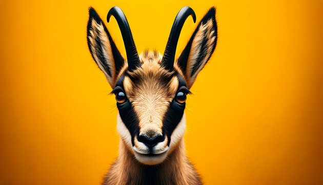 A close-up front view of a chamois on a yellow background